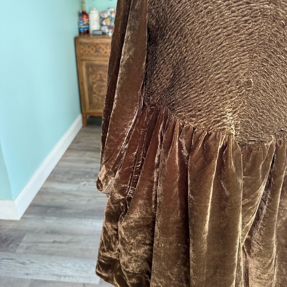 Free People Farrier A-Line Smocked Velvet Mini Dress Chocolate Brown Small - Picture 10 of 12